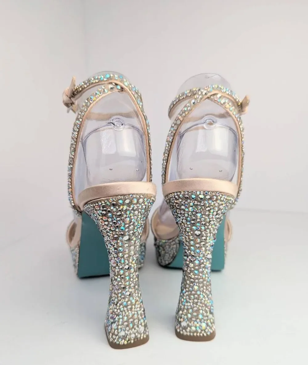 Betsey Johnson Beth iridescent rhinestone encrusted cream platform heel womens 8